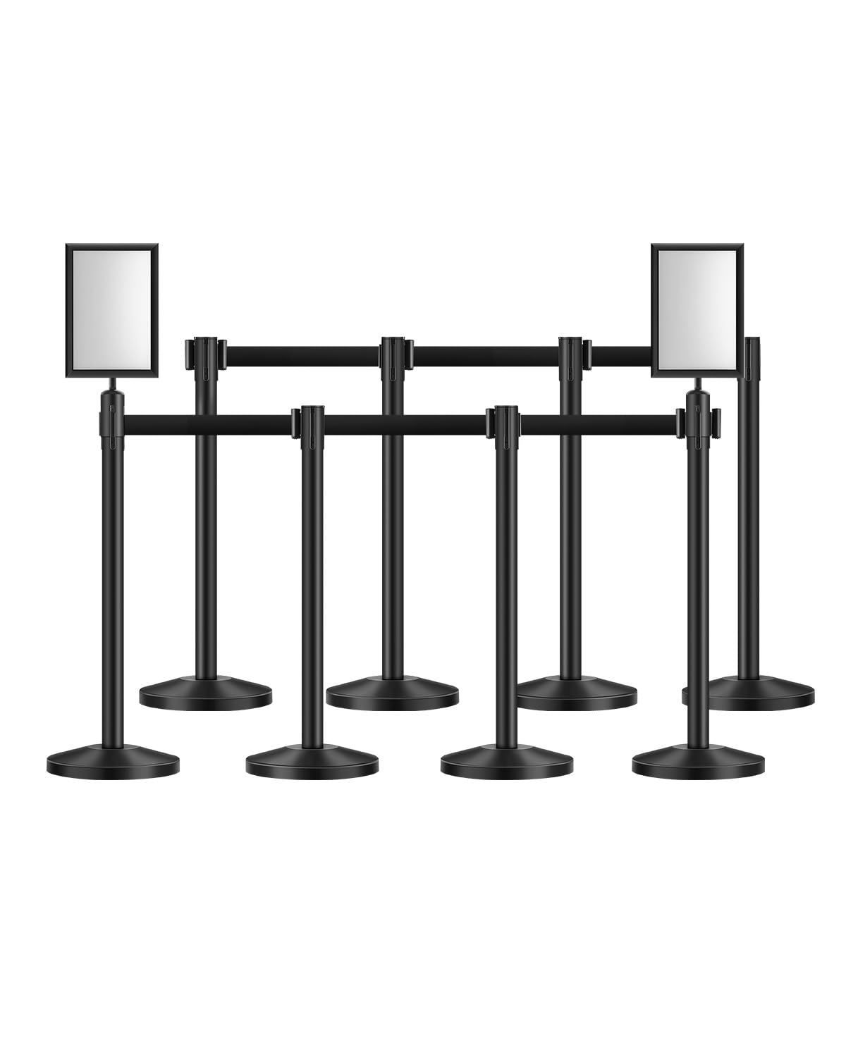 VEVOR 8 PCS Poste de Estaca de Acero al Carbono de 2 m con Base Hueca de Inyección de Arena, Cinturones Retráctiles Negros y 2 Soportes para Letreros para Teatro, Fiesta, Boda, Exposición, Negro
