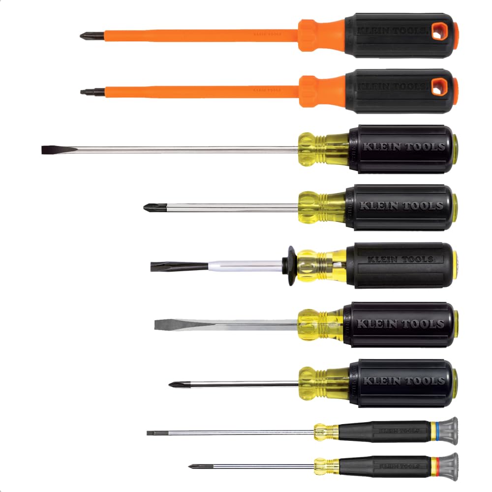 KLEIN TOOLS 85850 | Juego Electricista 9 Piezas | Desarmadores Para Trabajo | Ten 9 herramientas esenciales para trabajos eléctricos en un solo juego, con opciones Phillips, ranuradas y aisladas.