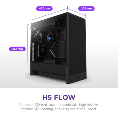 NZXT Gabinete H5 Flow ATX Negro con Cristal Templado, USB 3.2 y USB Tipo-C – Torre para PC Gaming