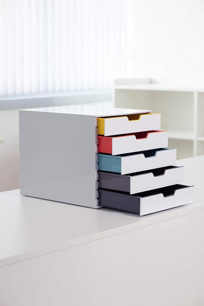 Durable 762527 - Cajonera (A4, varios colores), 5 Fächer | Plástico ABS estable, para formatos A4 y C4, cajones apilables con tope de extracción, 280x292x356 mm, Made in Germany