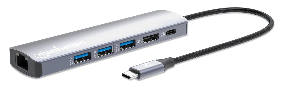 Manhattan Docking Station USB C Hub 6 en 1 con HDMI 4K@60Hz, Puerto Gigabit Ethernet y Carga PD 100W, Adaptador con 3 Puertos USB 3.0 para MacBook Pro, Air, iPad y Laptop, Gris Espacial, 153959