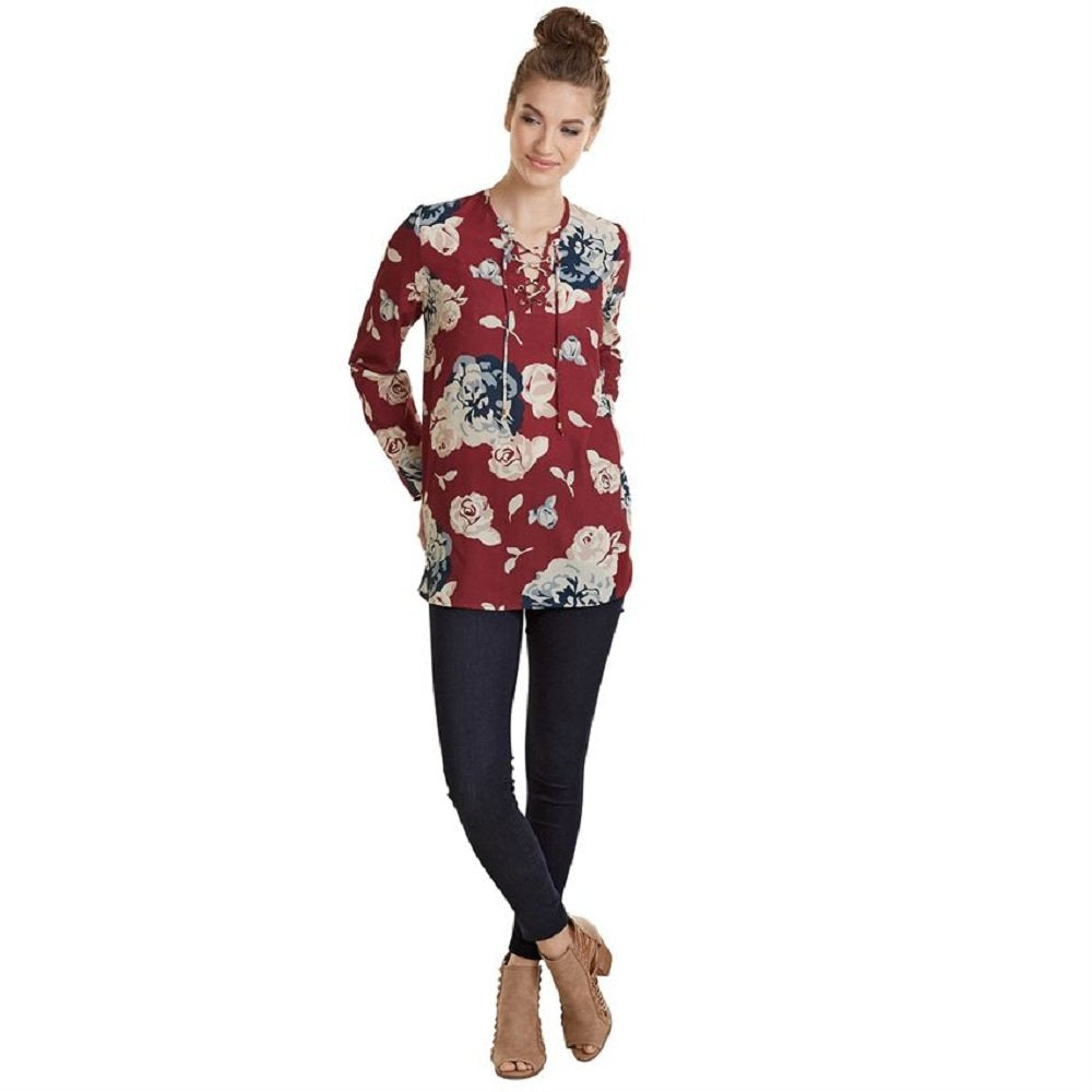 Mud Pie Women's Rosalie Lace UP Top BRG FL SM, Burgandy, Small