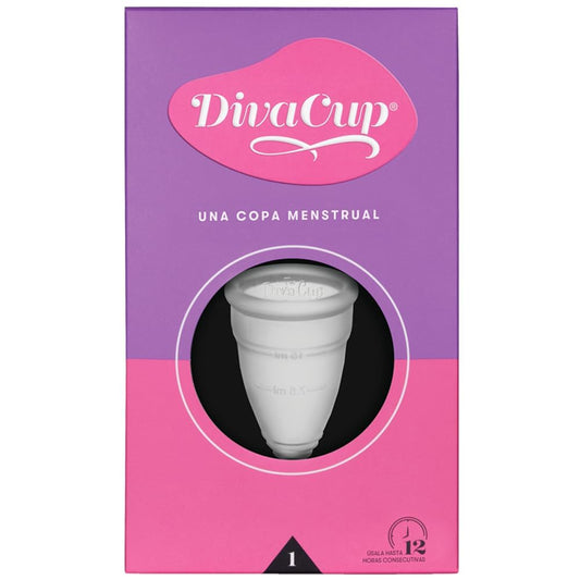 DivaCup Copa Menstrual Reutilizable Modelo 1 – 100% Silicona Médica, Hasta 12 Horas de Protección, Sin BPA ni Látex, Ecológica y Cómoda para Uso Diario