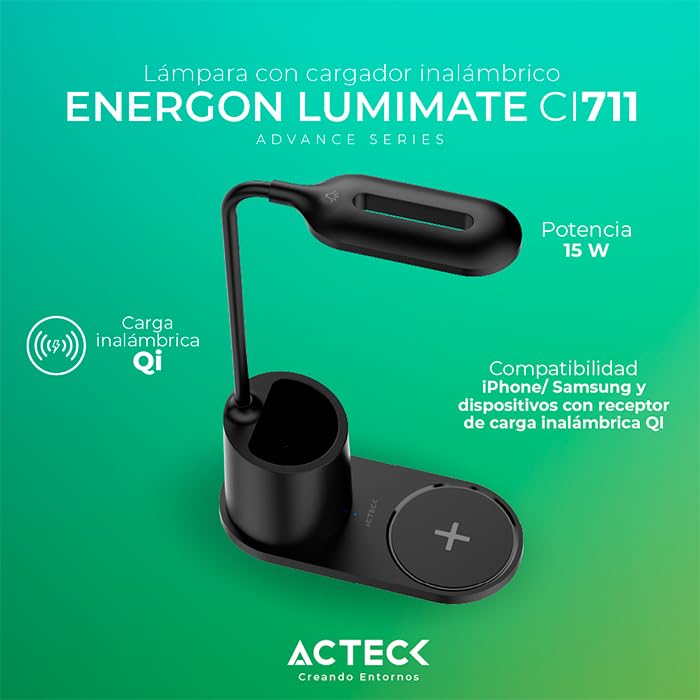 Lampara con cargador inalambrico ACTECK ENERGON LUMIMATE CI711 USB-C Negro AC-937184