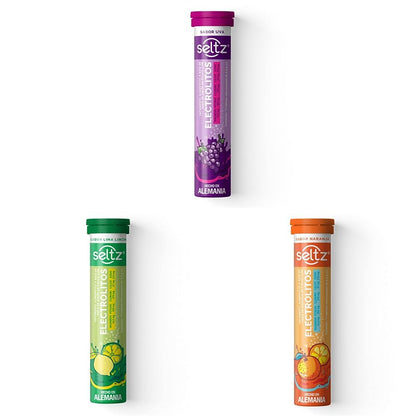 SELTZ Kit Electrolitos Tableta Efervescente, Sabores uva, lima limón y naranja, 39 Tabletas, 3 Pack