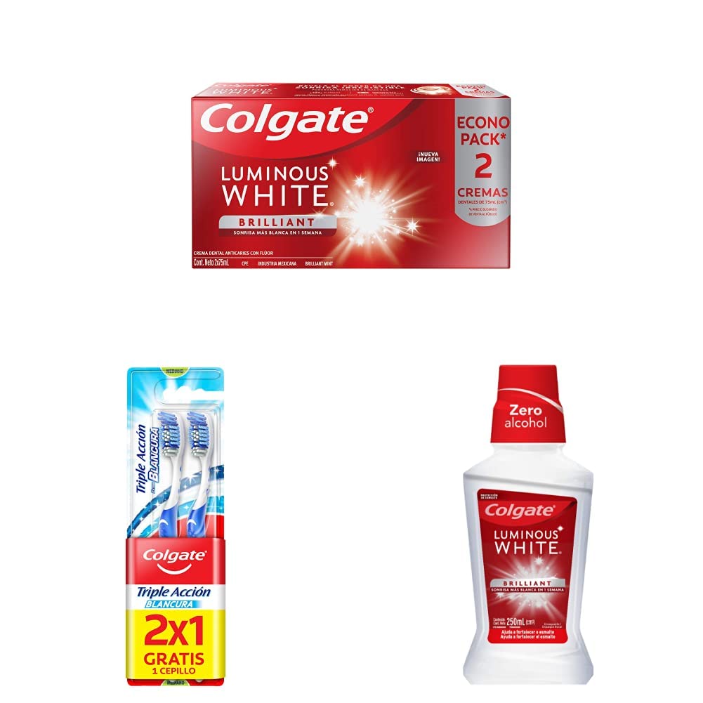 Colgate Luminous White, Pasta Dental Blanqueadora + Luminous Enjuague Bucal White XD Shine + Cepillo Dental Triple Acción Blancura Medio