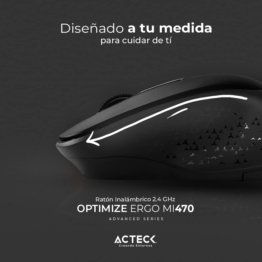 Acteck Mouse Inalambrico 2.4 GHz Optimize Ergo MI470 / Diseño Ergonomico de 1600 dpi s 2 Botones + 1xBat AA Incluida Negro Advanced Series