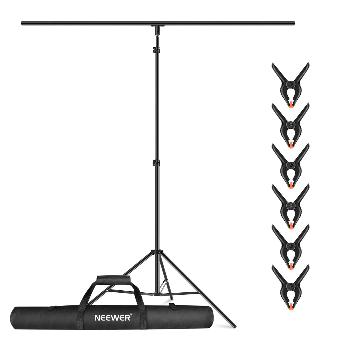 NEEWER Kit Soporte Fondo en Forma de T, Soporte de Trípode Ajustable de 8.5ft/2.6m de Alto y Barras Transversales de 5ft/1.5m de Ancho con 6 Abrazaderas de Resortey 1 Bolsa de Transporte