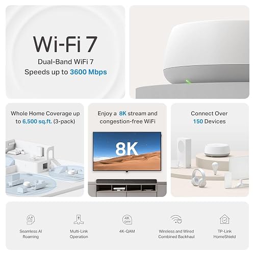 TP-Link Deco BE22(1-Pack) Router Mesh WiFi7 BE3600 Cobertura 230m² - Doble Banda 3.6 Gbps - 2 Puertos Gigabit - Roaming IA para Moverte Sin Perder Conexión - App Deco - Conecta 150 Dispositivos