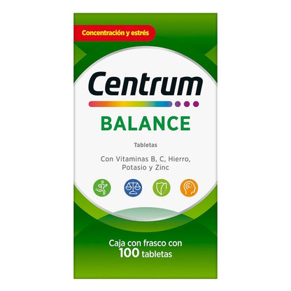 Centrum Multivitamínico Balance com Magnesio, Vitamina C, Hierro, Potasio y Zinc, 100 Tabletas