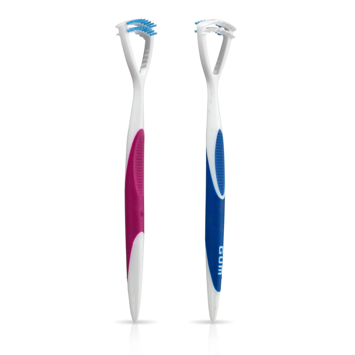 GUM Limpiador de lengua – cepillo para polvo de lengua de cerdas suaves de doble acción con raspador de lengua para una mejor higiene bucal, tratamiento de mal aliento (paquete de 3)