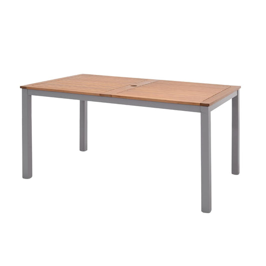 Mesa de Comedor Barcelona 140cm de Madera y Aluminio para Jardin y Exterior con Acabado de Teca, Patas de Aluminio Color Gris Claro