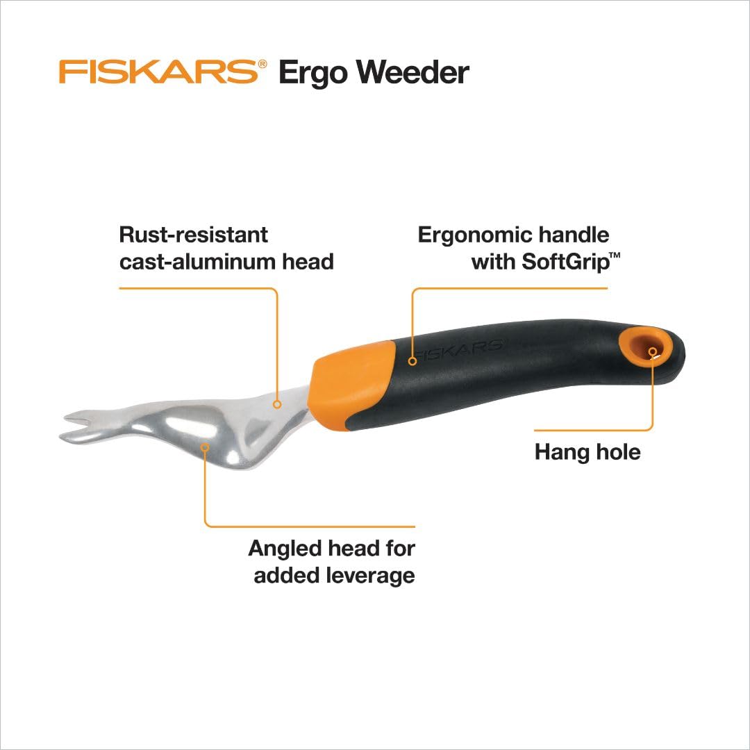 Fiskars Ergo Herramienta de deshierbe, Herramienta de Mano de jardinería Resistente con Mango ergonómico y Agujero para Colgar para Almacenamiento, Elimina malezas y raíces como Dientes de león y