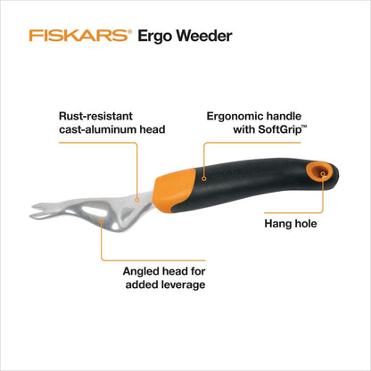 Fiskars Ergo Herramienta de deshierbe, Herramienta de Mano de jardinería Resistente con Mango ergonómico y Agujero para Colgar para Almacenamiento, Elimina malezas y raíces como Dientes de león y