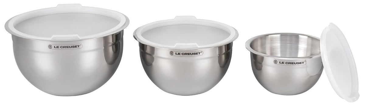 Le Creuset - Juego de 3 cuencos para mezclar anidados con base de silicona antideslizante y tapas herméticas de plástico, tamaño grande, acero inoxidable