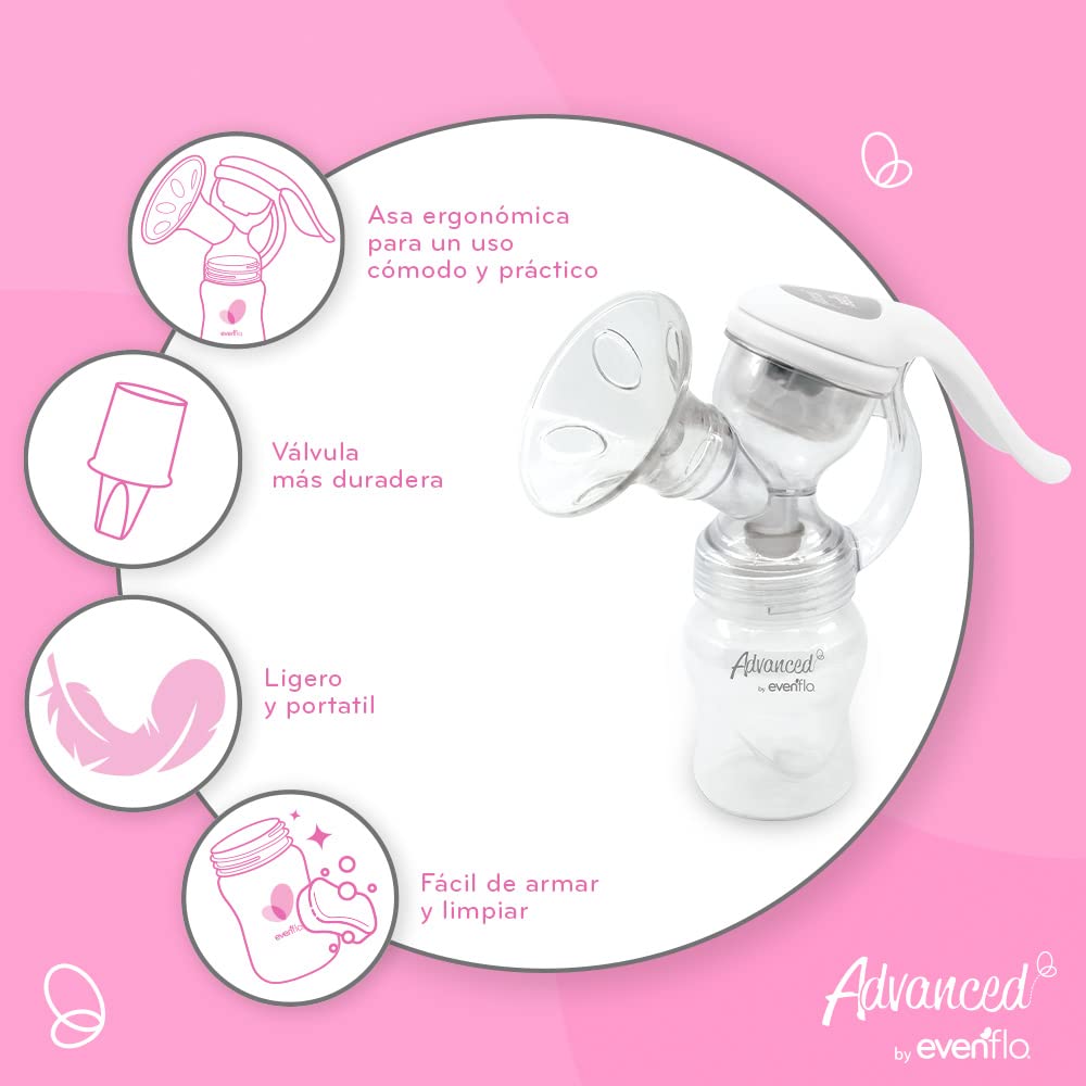 Evenflo Advanced Extractor de Leche Manual, Diseño Ergonómico con Almohadillas de Masaje, Compatible con Biberones Evenflo, Libre de BPA, 1 Pieza
