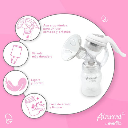 Evenflo Advanced Extractor de Leche Manual, Diseño Ergonómico con Almohadillas de Masaje, Compatible con Biberones Evenflo, Libre de BPA, 1 Pieza