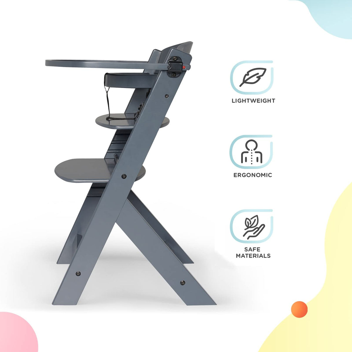 Kinderkraft ENOCK Silla Alta de Madera, Periquera Infantil, Portatil, para niños, Evolutiva silla alta, Ergonómica, Con accesorios, Barrera y Bandeja, Gris completo