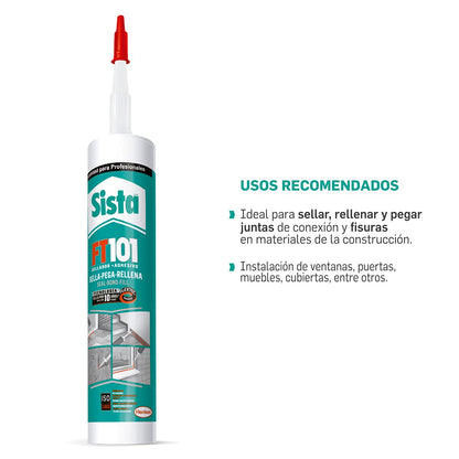 Sista FT101 Sellador Acrílico Elástico para Juntas, Consistencia Tixotrópica, Curado por Humedad Ambiental, para Concreto y Aluminio, Blanco, 1 x 280 ml