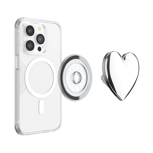 PopSockets - Empuñadura para teléfono MagSafe con Soporte, Soporte magnético, Parte Superior Intercambiable, sujeción Segura para iPhone MagSafe, teléfono y Tablet, corazón Plateado esmaltado