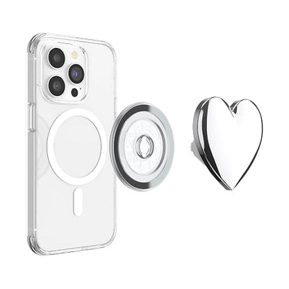 PopSockets - Empuñadura para teléfono MagSafe con Soporte, Soporte magnético, Parte Superior Intercambiable, sujeción Segura para iPhone MagSafe, teléfono y Tablet, corazón Plateado esmaltado