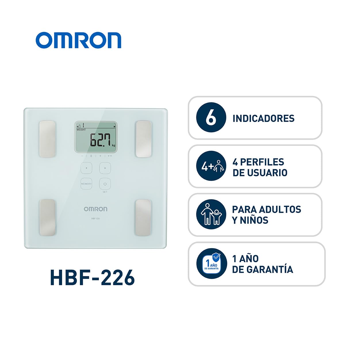 Omron Báscula Digital Corporal para Niños y Adultos, Medición Precisa de Peso y Grasa con 6 Indicadores, Color Blanco, Tecnología Única