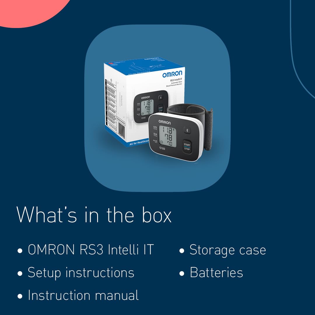 OMRON RS3 Baumanómetro de Muñeca, Bluetooth y App OMRON Connect | Validado clínicamente. Bluetooth y app OMRON connect. Muñeca 13.5-21.5 cm. Memoria 30 lecturas. Guía de ajuste de brazalete.