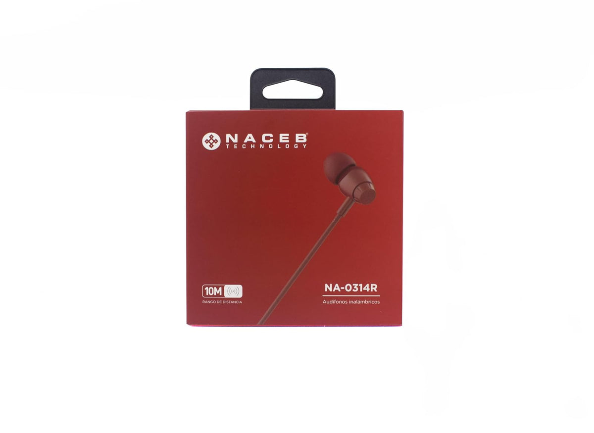 NACEB TECHNOLOGY Audífonos Manos Libres Bluetooth NA-0314R Intraurales - Micrófono Omnidireccional, Bluetooth 4.1 Alcance 10 m, Batería 70 mAh hasta 4.5 h, Carga MicroUSB - Rojo