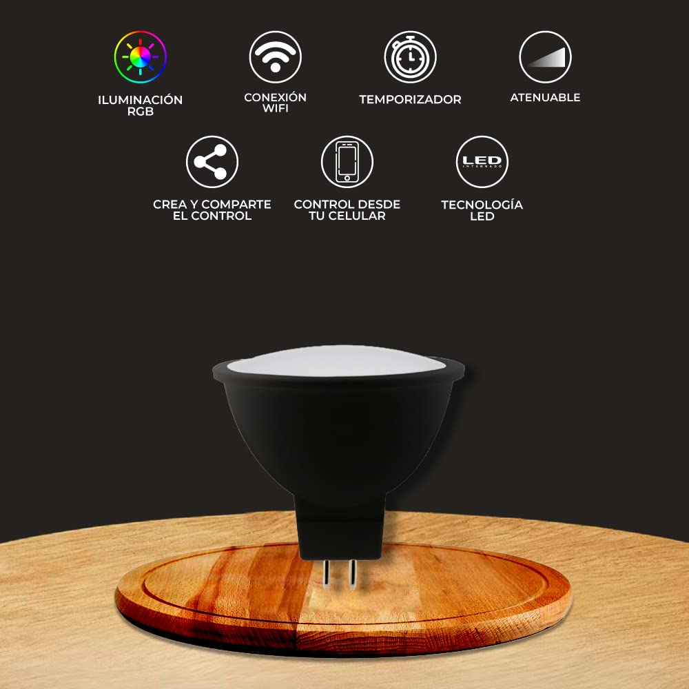 Tecnolite Connect - Foco MR16 Inteligente, Luz RGB + Blanca, Atenuable, Compatible con Alexa, Google Assistant, Atajos de Siri y App móvil, Iluminación Interior