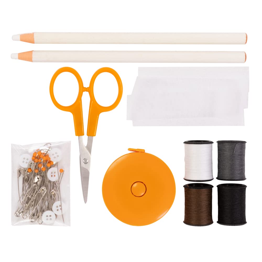 Fiskars - Kit de costura con tijeras, cinta medidora, alfileres, hilo y más, juego de 62 piezas con funda, suministros para manualidades, transparente