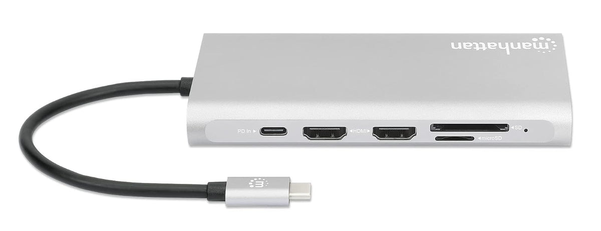 Manhattan Docking Station USB C para Triple Monitor HDMI 4K, Hub 12 en 1 con Ethernet, Carga PD 100W, USB-C de Datos y Lector SD para Laptop, MacBook, DELL, HP y Windows, Gris Espacial, 130660