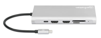 Manhattan Docking Station USB C para Triple Monitor HDMI 4K, Hub 12 en 1 con Ethernet, Carga PD 100W, USB-C de Datos y Lector SD para Laptop, MacBook, DELL, HP y Windows, Gris Espacial, 130660