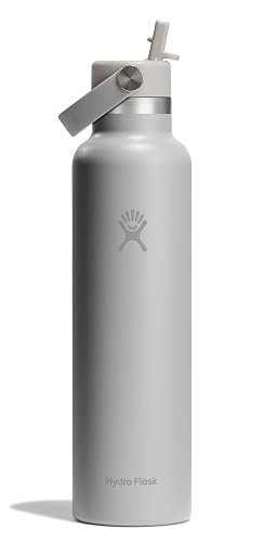 Hydro Flask - Botella de agua de acero inoxidable aislada, tapa estándar con popote, no derrama, a prueba de fugas en 24 onzas, color gris abedul