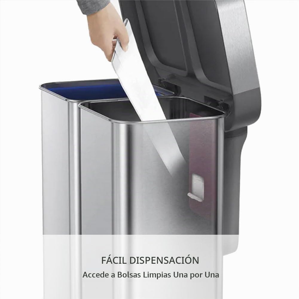 simplehuman Cubo Rectangular Doble con Pedal de Reciclaje, 58 litros/15.3 galones, Acero Inoxidable Cepillado con Tapa de plástico de Cierre Suave para Cocina