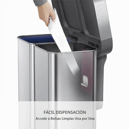 simplehuman Cubo Rectangular Doble con Pedal de Reciclaje, 58 litros/15.3 galones, Acero Inoxidable Cepillado con Tapa de plástico de Cierre Suave para Cocina