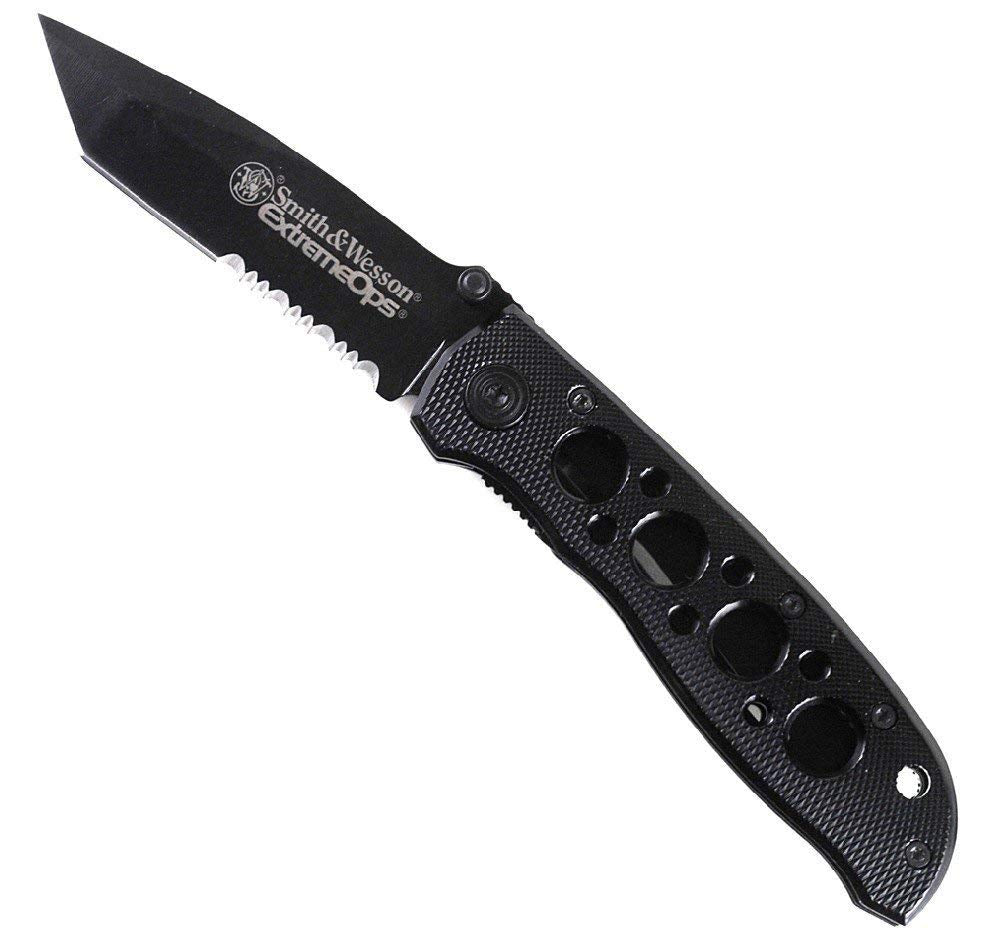 Smith & Wesson CK5TBS Cuchillo Plegable de Alto Carbono de 7.4 Pulgadas con una Hoja Tanto Dentada de 3.2 Pulgadas y Mango de Aluminio para Exteriores, táctico, Supervivencia y EDC