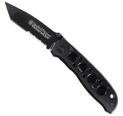 Smith & Wesson CK5TBS Cuchillo Plegable de Alto Carbono de 7.4 Pulgadas con una Hoja Tanto Dentada de 3.2 Pulgadas y Mango de Aluminio para Exteriores, táctico, Supervivencia y EDC