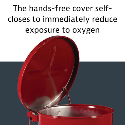 Justrite 09100; Galvanized-steel; Safety cans; For Oily waste; Red; Foot Operated cover; Raised, ventilated Bottom; Reinforced ribs; Self-closing; UL listed; FM approved; Capacity: 6 gal. (23L)