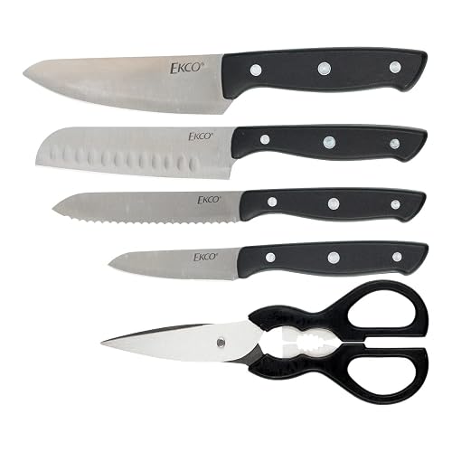 Ekco | Juego de Cuchillos Classic 6 Piezas Acero Inoxidable y Bloque Madera | Hoja completa, Bloque de madera, Tijeras multiusos, Cuchillos para cocina, Destapador integrado, Cascanueces