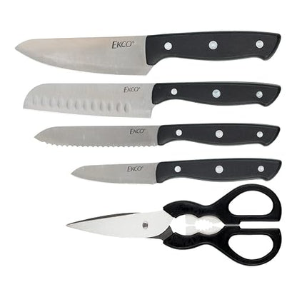 Ekco | Juego de Cuchillos Classic 6 Piezas Acero Inoxidable y Bloque Madera | Hoja completa, Bloque de madera, Tijeras multiusos, Cuchillos para cocina, Destapador integrado, Cascanueces