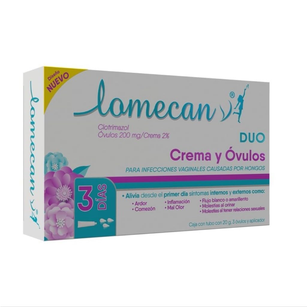 LOMECAN V Dúo, crema y óvulos, Tratamiento para infecciones cervicovaginales que alivia inflamación, comezón y ardor desde la primera aplicación, Caja con tubo 20g, 3 óvulos y aplicador