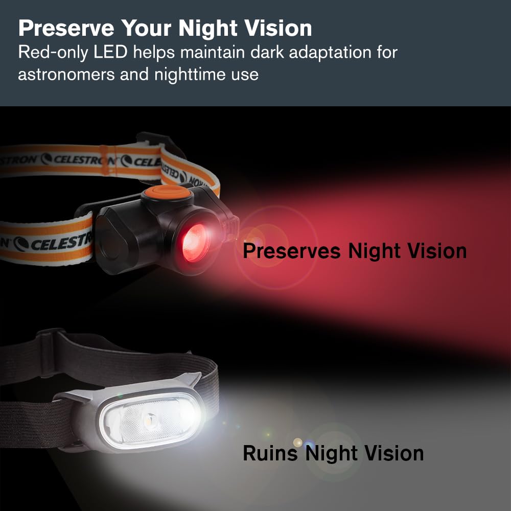 Celestron – Faro de visión nocturna – Múltiples modos de luz – Incluye ajuste SOS – Ideal para astronomía y camping, 100 horas de uso – Ángulo ajustable de 45°