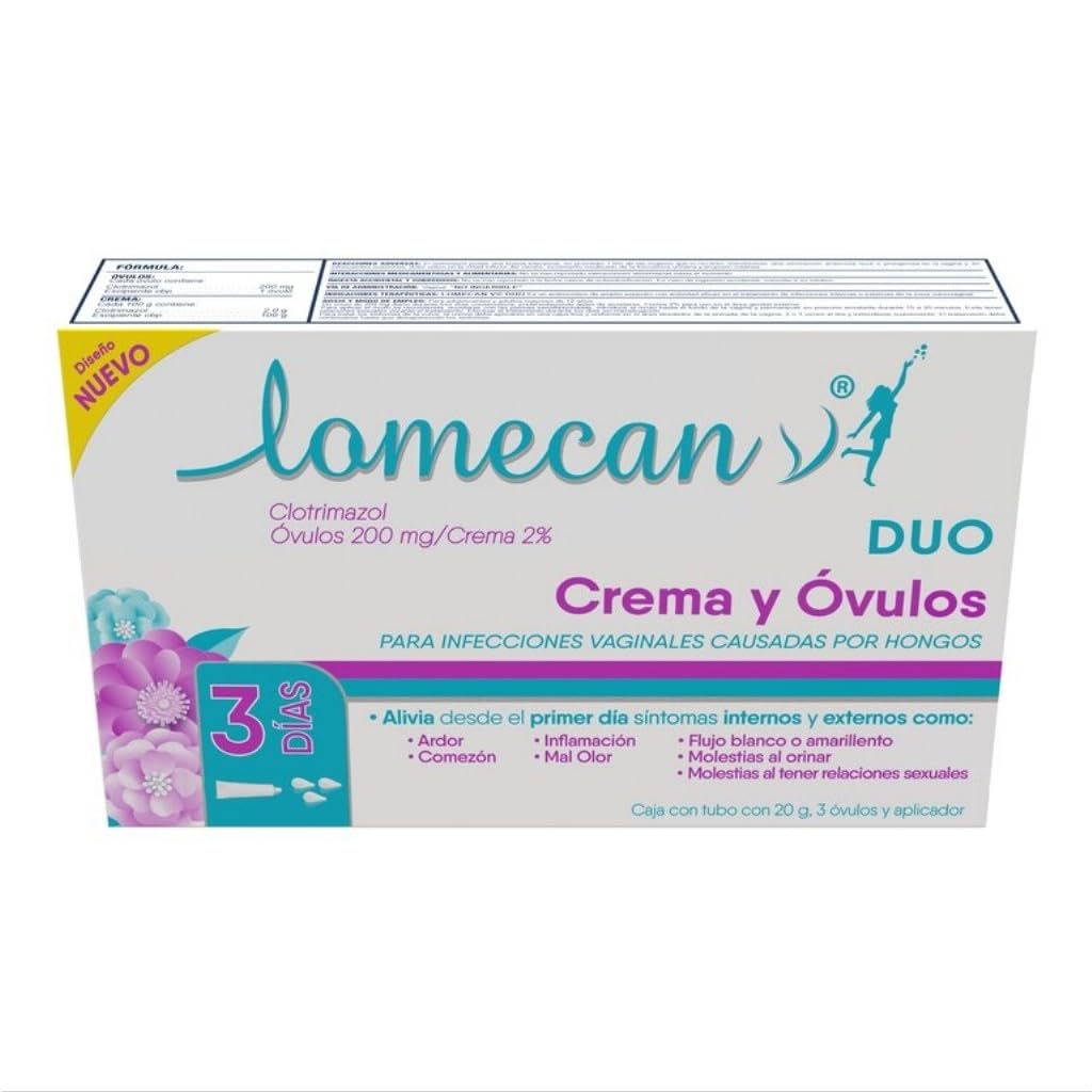 LOMECAN V Dúo, crema y óvulos, Tratamiento para infecciones cervicovaginales que alivia inflamación, comezón y ardor desde la primera aplicación, Caja con tubo 20g, 3 óvulos y aplicador