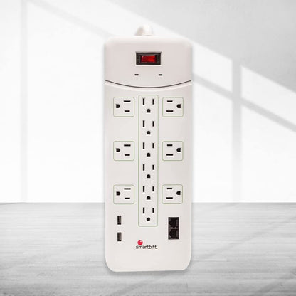 Smartbitt Supresor de Picos: Protección de Picos de Voltaje 12 contactos, 2 Puertos USB y 5 líneas telefónicas - Blanco