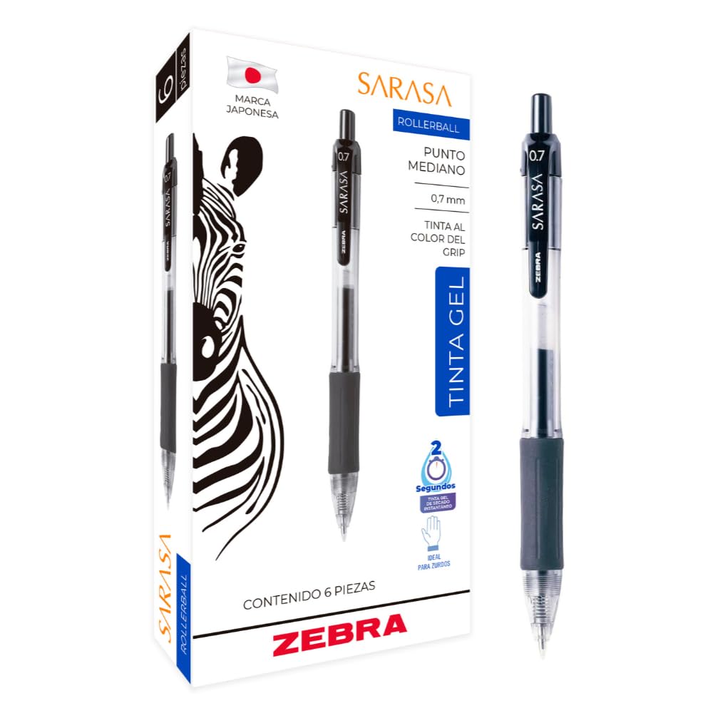 Zebra Bolígrafo Sarasa Punta 0.7 mm, Tinta Gel, Caja 6 Piezas - Negro