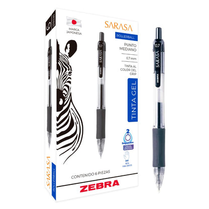Zebra Bolígrafo Sarasa Punta 0.7 mm, Tinta Gel, Caja 6 Piezas - Negro