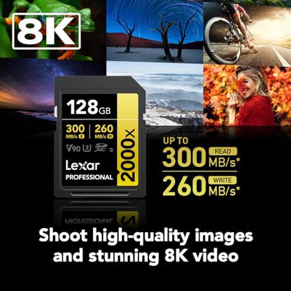 Lexar Tarjeta Profesional 2000x 128GB SDXC UHS-II, hasta 300MB/s de Lectura, para cámaras de vídeo Cine (LSD2000128G-BNNNU)