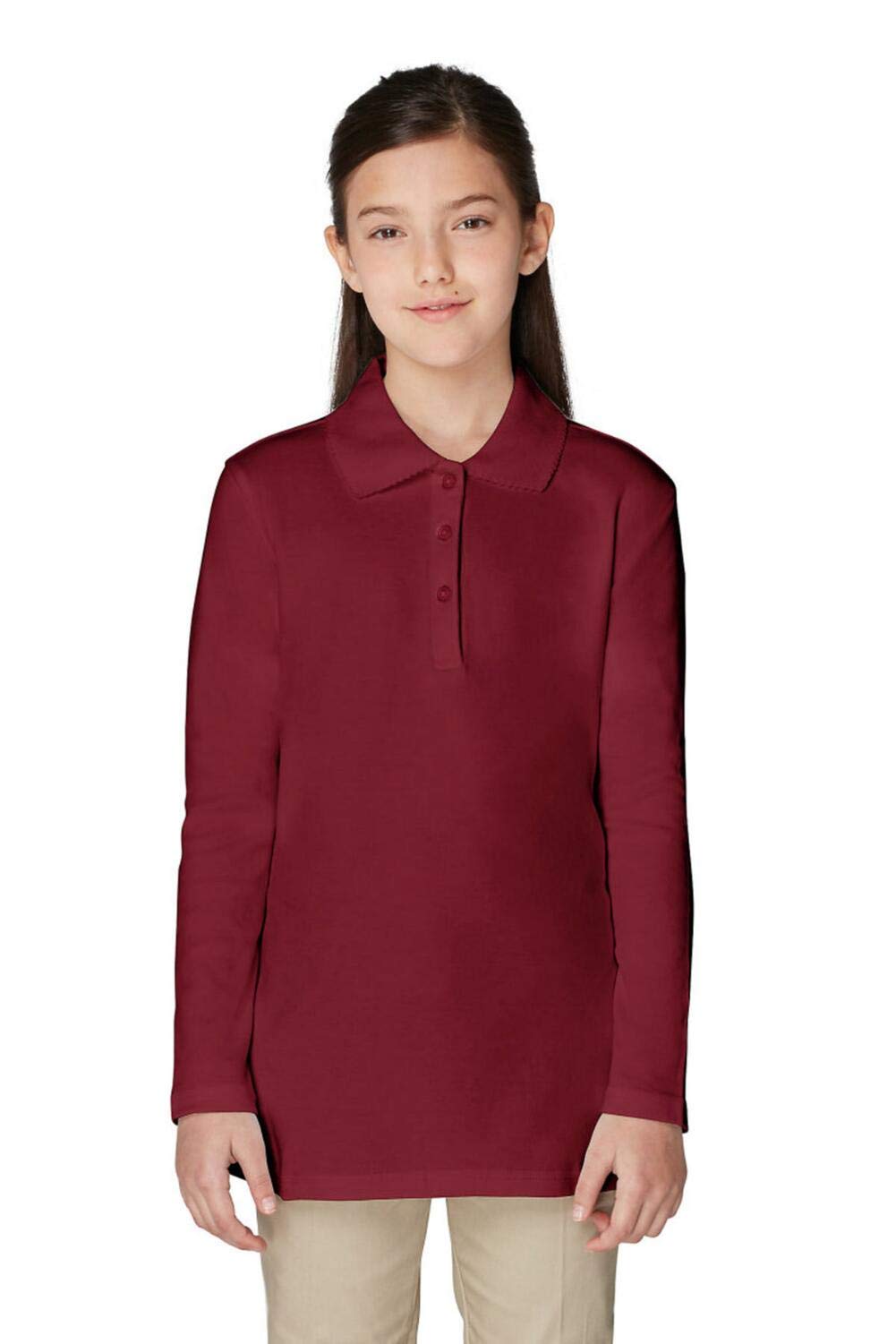 French Toast Polo Interlock de Manga Larga con Cuello Picot para Niña - 14-16 - Borgoña