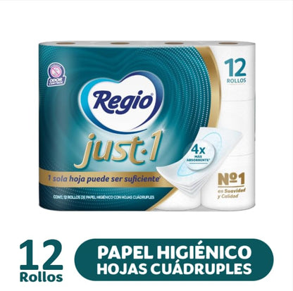 Regio Just 1 Papel Higiénico, Con Hojas Cuádruples 50% Mas Gruesas, Centro Suave, 12 Rollos