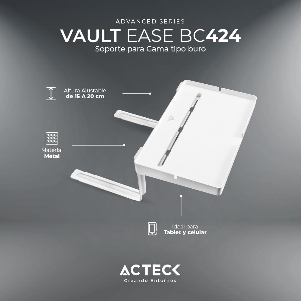 Acteck Soporte de Cama para Tablet Vault Ease BC424 Ajustable hasta 20cm Blanco AC-936606